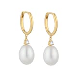 Mappin & Webb 18ct Yellow Gold 8x8.5mm Fresh Water Pearl & 0.14cttw Diamond Hoop Earrings
