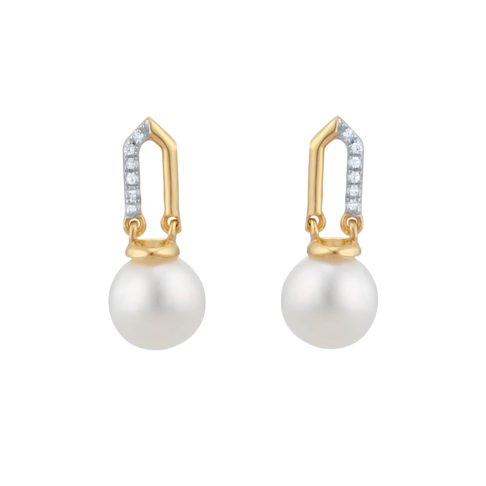 Goldsmiths 9ct Yellow Gold Freshwater Pearl and Diamond Paperclip Stud Earrings