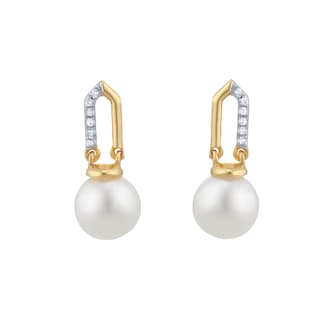 Goldsmiths 9ct Yellow Gold Freshwater Pearl and Diamond Paperclip Stud Earrings