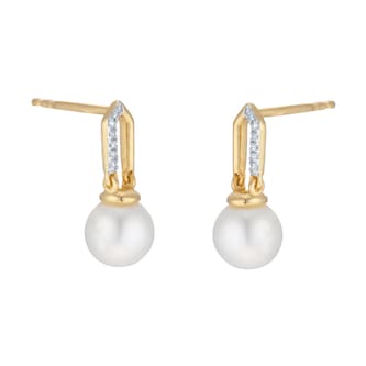 Goldsmiths 9ct Yellow Gold Freshwater Pearl and Diamond Paperclip Stud Earrings