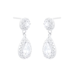 15110019 - Silver Cubic Zirconia Drop Pear Halo Stud Earrings