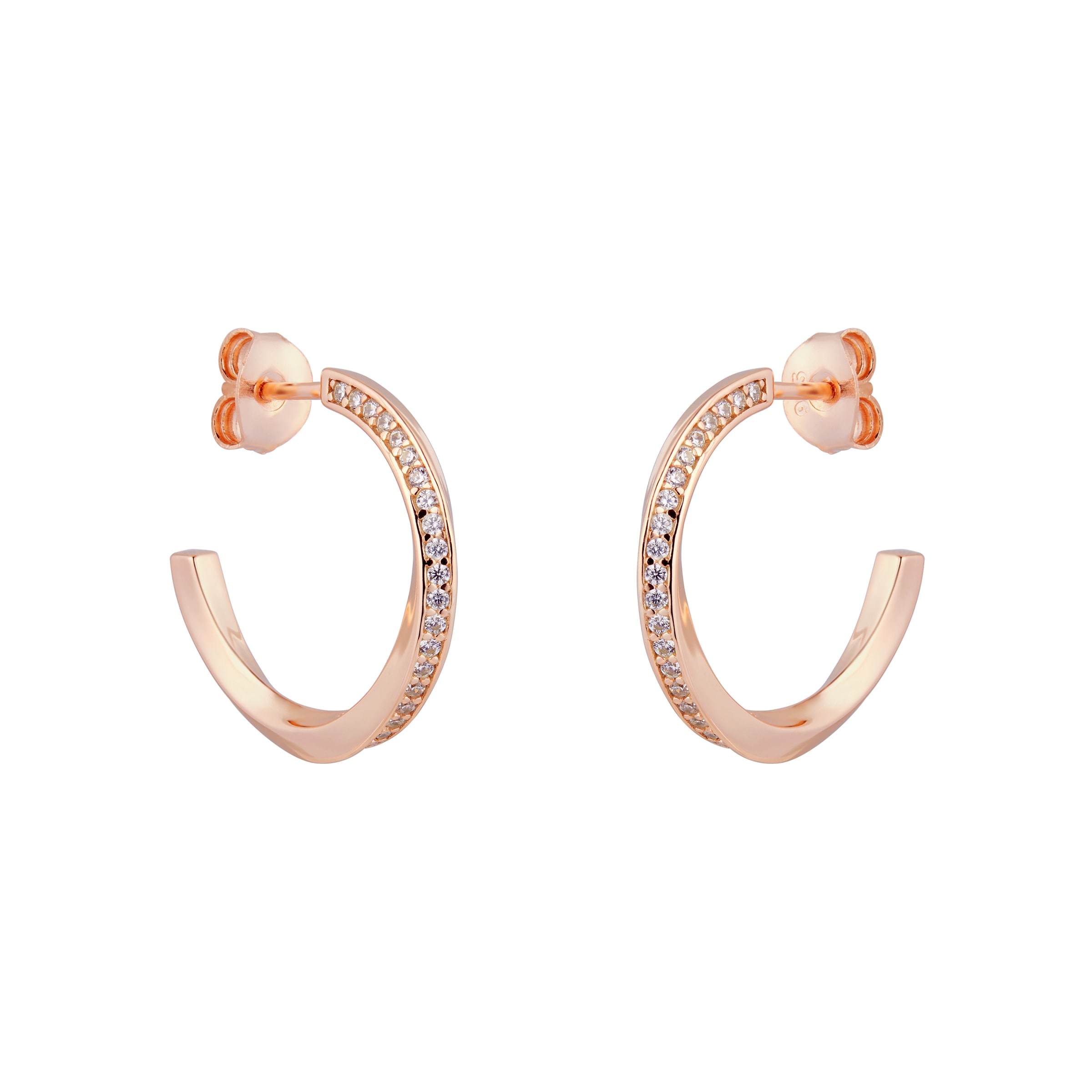Rose Gold Plated Silver Twisted Pave Cubic Zirconia Hoop Earrings
