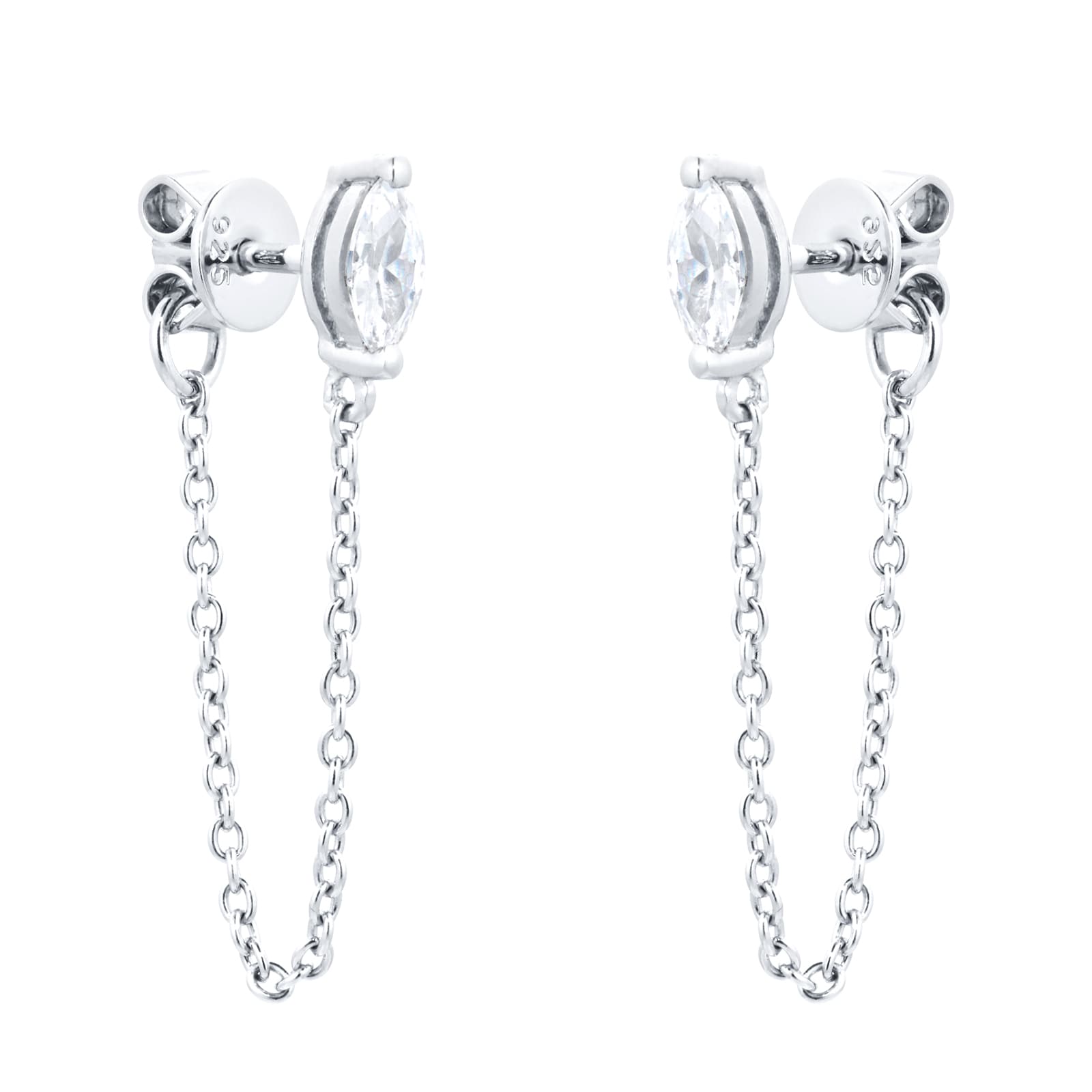 Silver Marquise Cut Chain Drop Stud Earrings