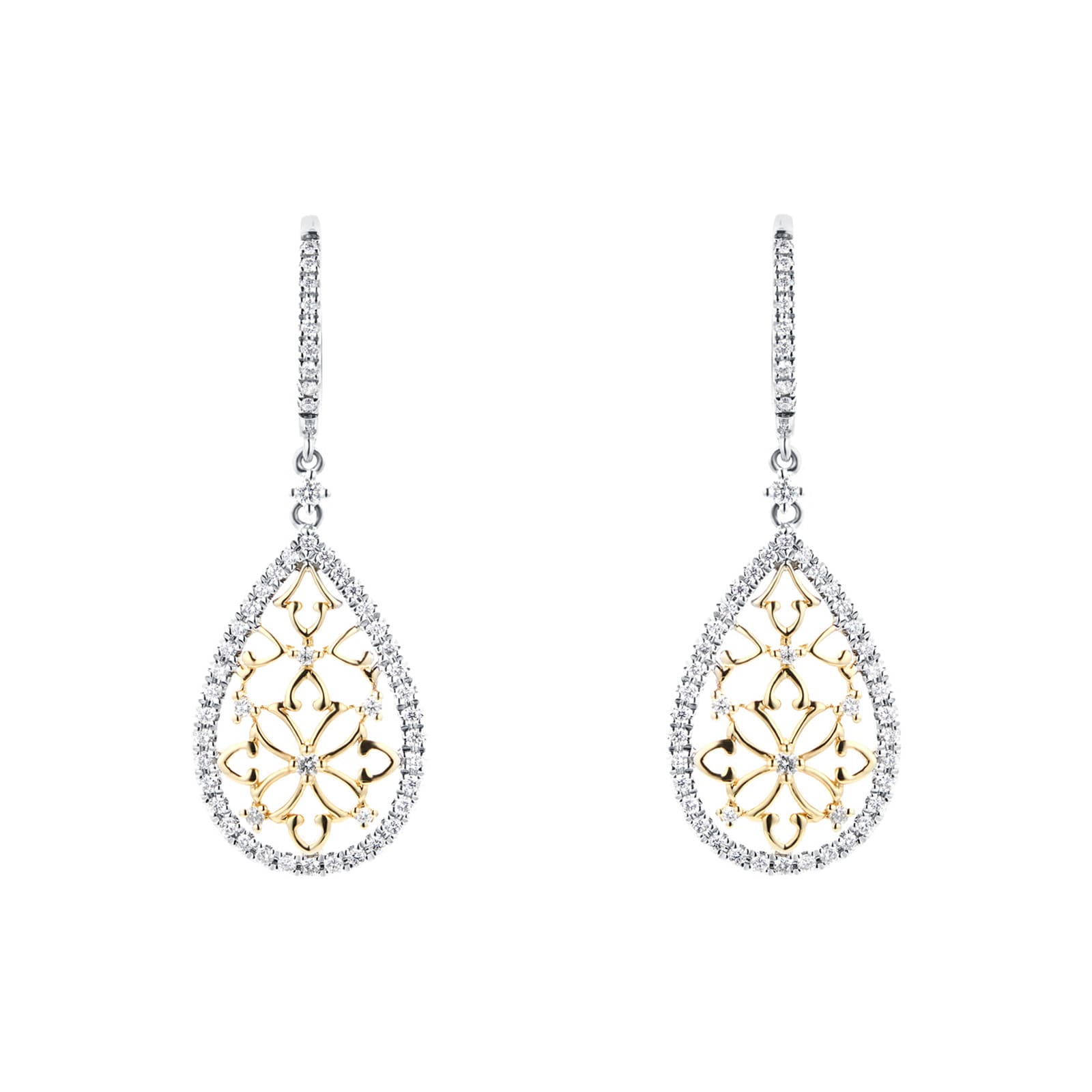 Mappin & Webb Floresco 18ct White & Yellow Gold 0.50ct Diamond Pear Filigree Drop Earrings