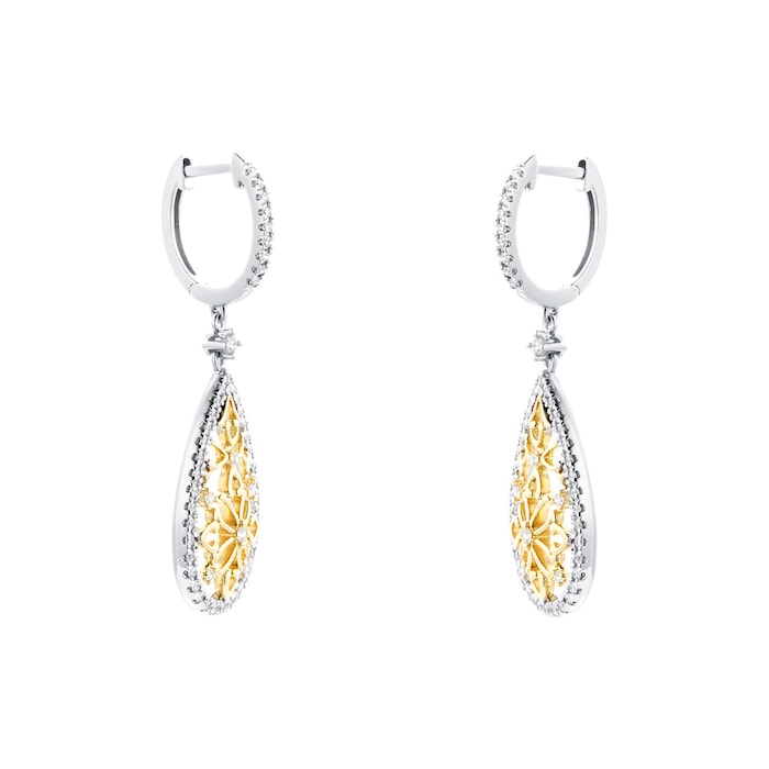 Mappin & Webb Floresco 18ct White & Yellow Gold 0.50ct Diamond Pear Filigree Drop Earrings