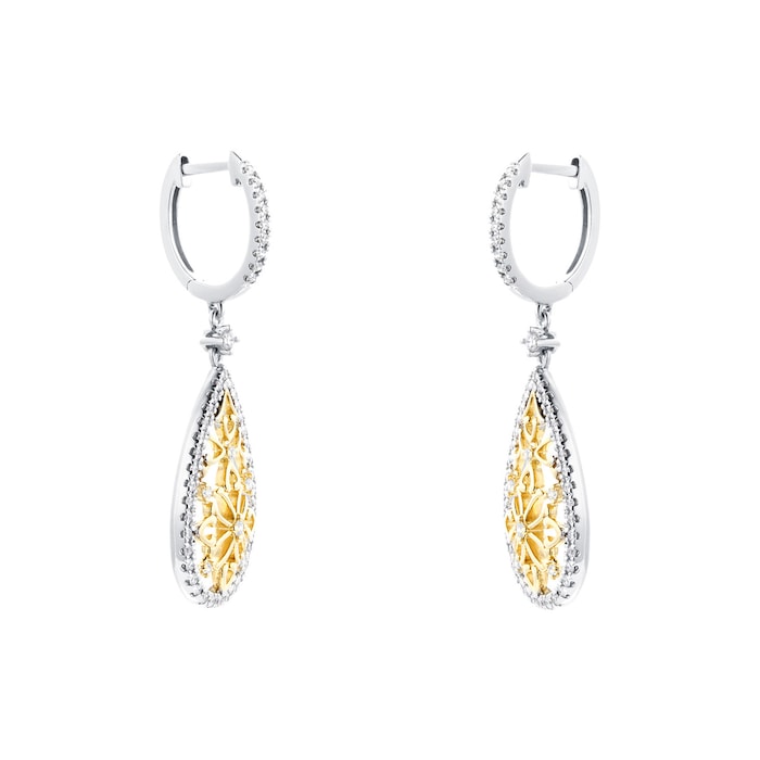 Mappin & Webb Floresco 18ct White & Yellow Gold 0.50ct Diamond Pear Filigree Drop Earrings