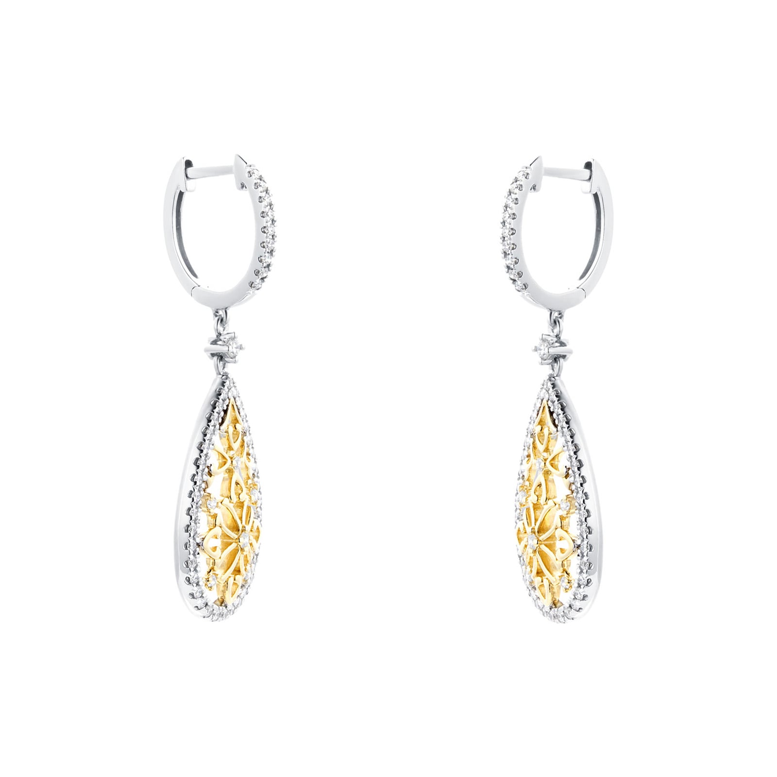 Mappin & Webb Floresco 18ct White & Yellow Gold 0.50ct Diamond Pear Filigree Drop Earrings