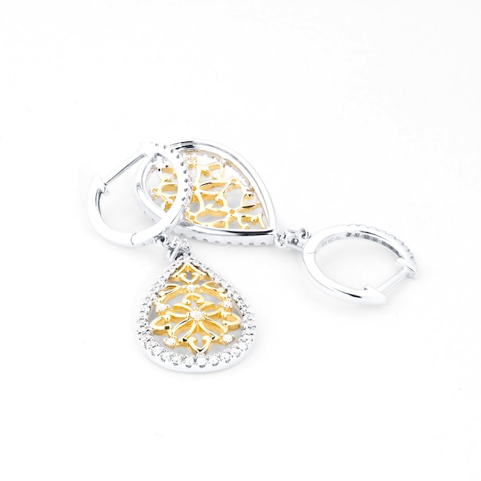 Mappin & Webb Floresco 18ct White & Yellow Gold 0.50ct Diamond Pear Filigree Drop Earrings