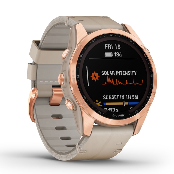 Garmin Fēnix® 7S Sapphire Solar Rose Gold Titanium with Limestone Leather Band