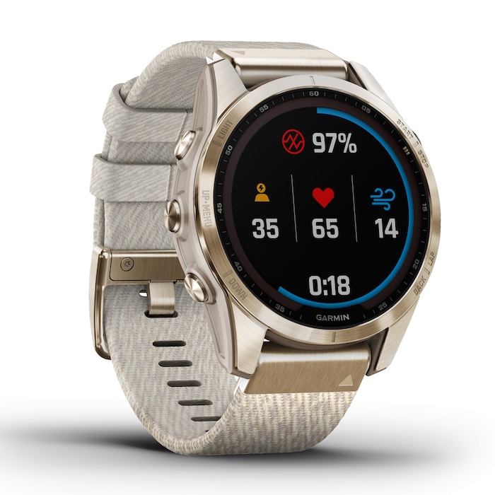 Garmin Fēnix® 7S Sapphire 42mm Solar Cream Gold Titanium with Cream Heathered Nylon Band