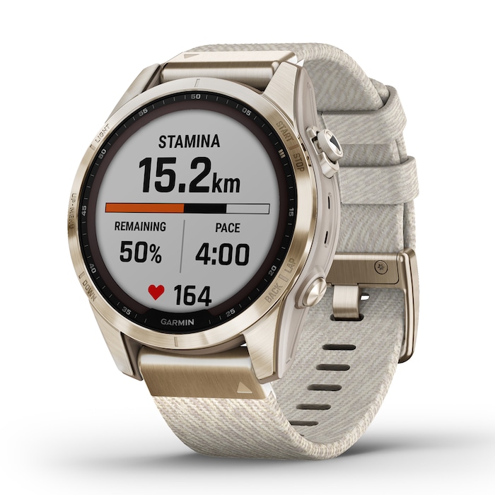 Garmin Fēnix® 7S Sapphire 42mm Solar Cream Gold Titanium with Cream Heathered Nylon Band