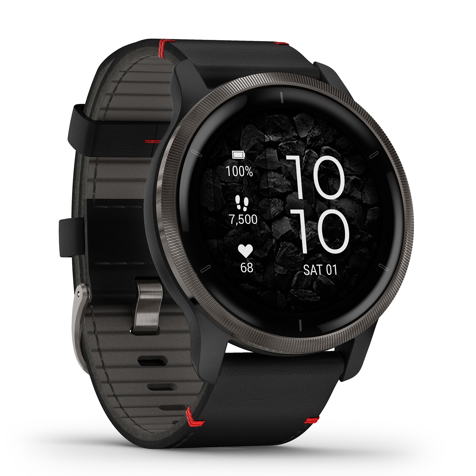 Venu® 2 Slate Stainless Steel Bezel with Black Case and Leather Band