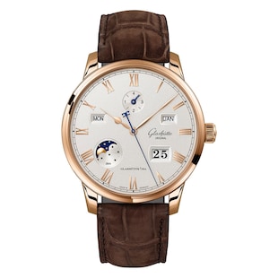 Glashutte Original Senator Excellence Perpetual Calendar 42mm Mens Watch Silver Brown Alligator