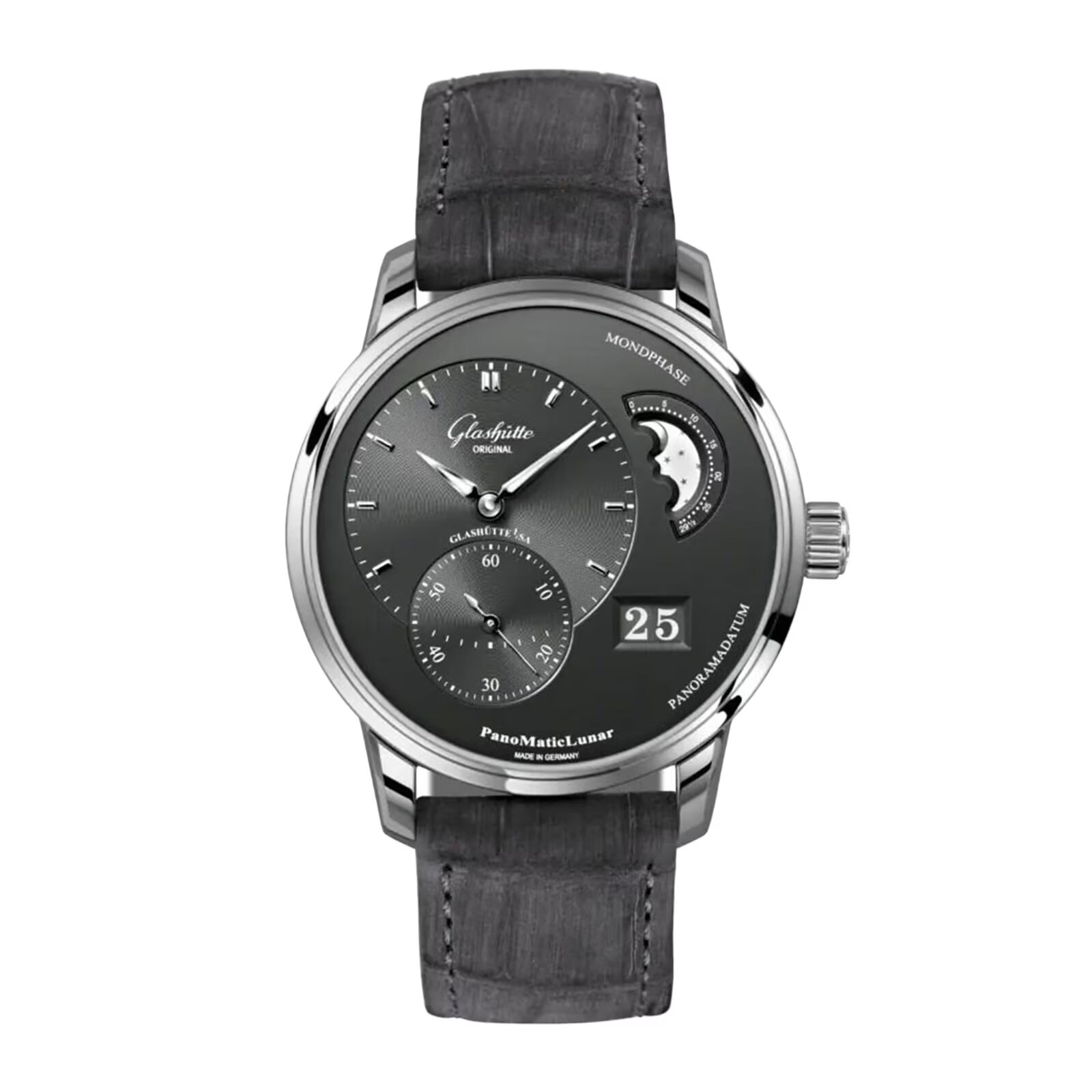 Glashutte Original PanoMaticLunar 40mm Mens Watch Grey Alligator Strap Glashutte Original PanoMaticLunar 40mm Mens Watch Grey Alligator Strap