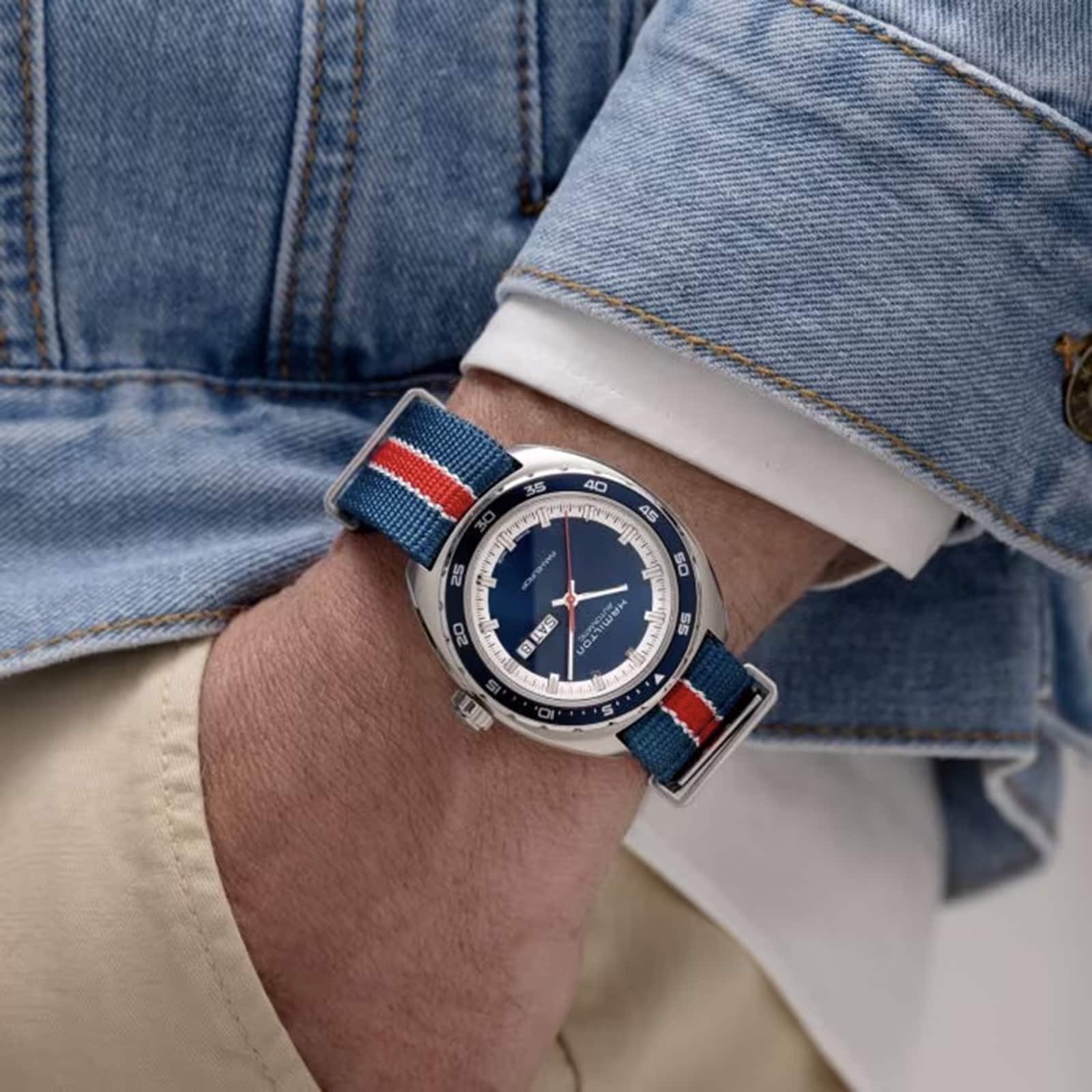 Hamilton American Classic Pan Europ Day Date Auto 42mm Mens Watch Blue Interchangeable strap