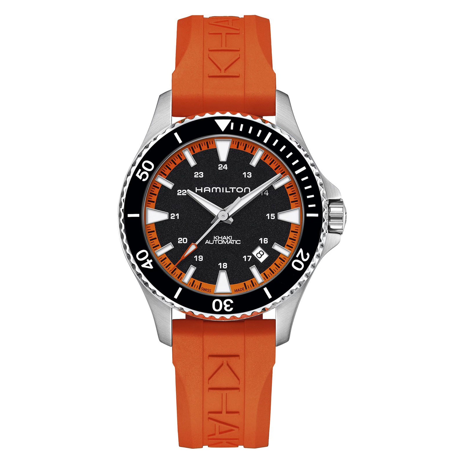 Khaki Navy Scuba Auto 40mm Mens Watch Black Dial Orange Strap