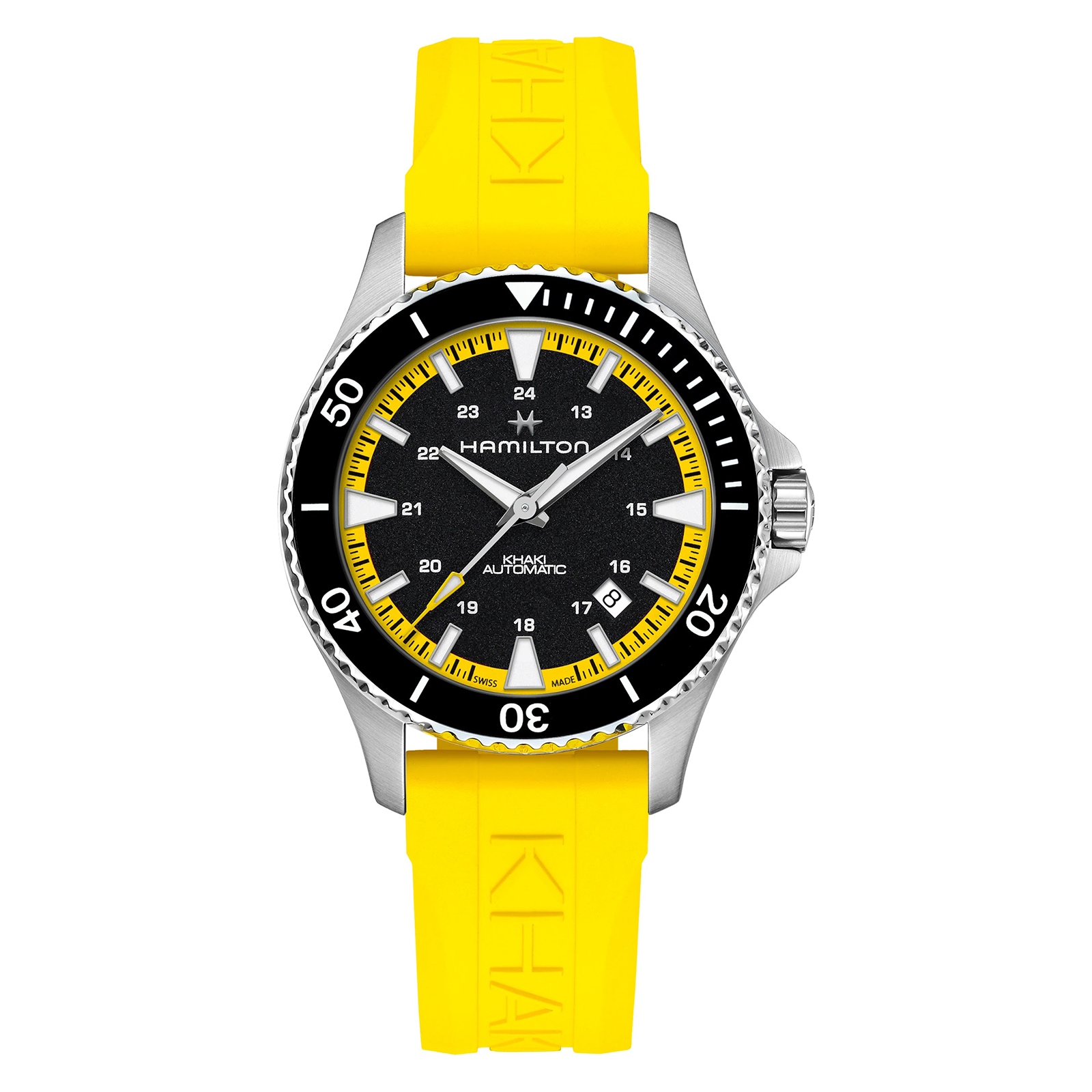 Khaki Navy Scuba Auto 40mm Mens Watch Black Dial Yellow Strap