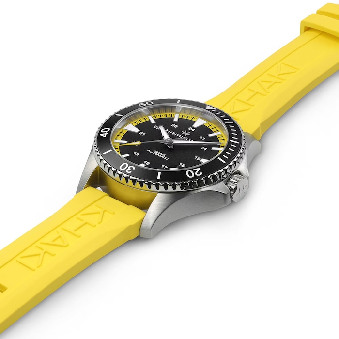 Hamilton Khaki Navy Scuba Auto 40mm Mens Watch Black Dial Yellow Strap