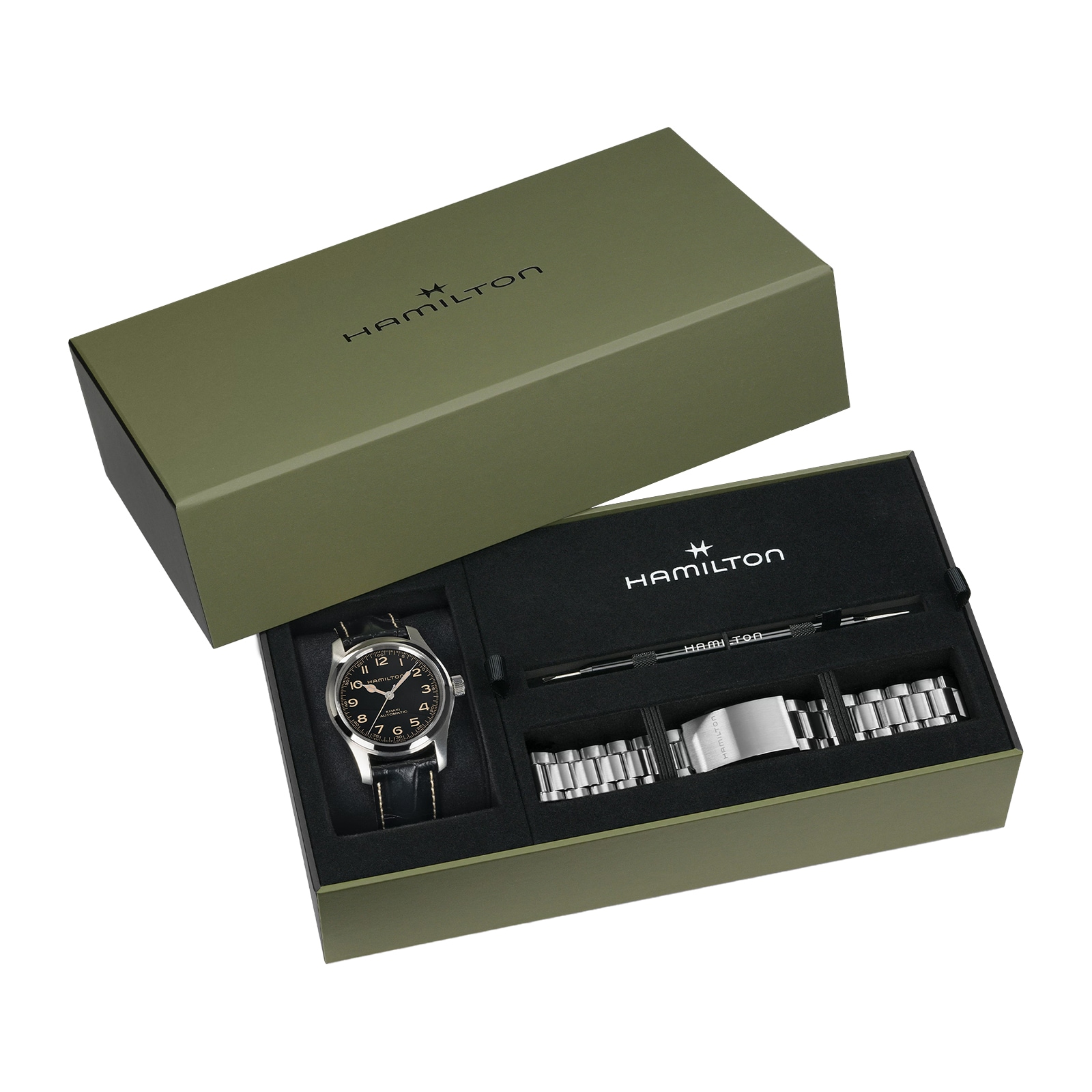 Hamilton Khaki Field Murph Automatic 42mm Unisex Watch Black Leather Strap and Bracelet Box Set Hamilton Khaki Field Murph Automatic 42mm Unisex Watch Black Leather Strap and Bracelet Box Set