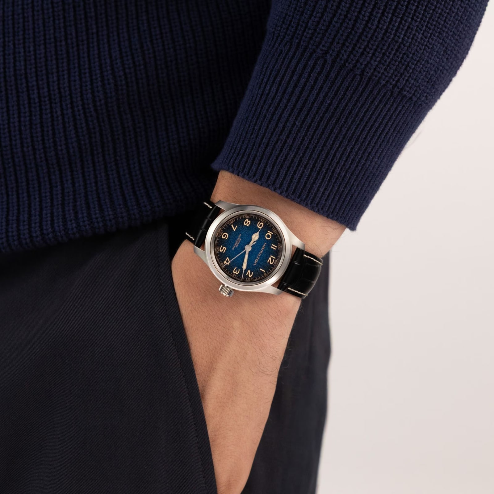Hamilton Khaki Field Murph Automatic 38mm Mens Watch Blue Dial Alligator