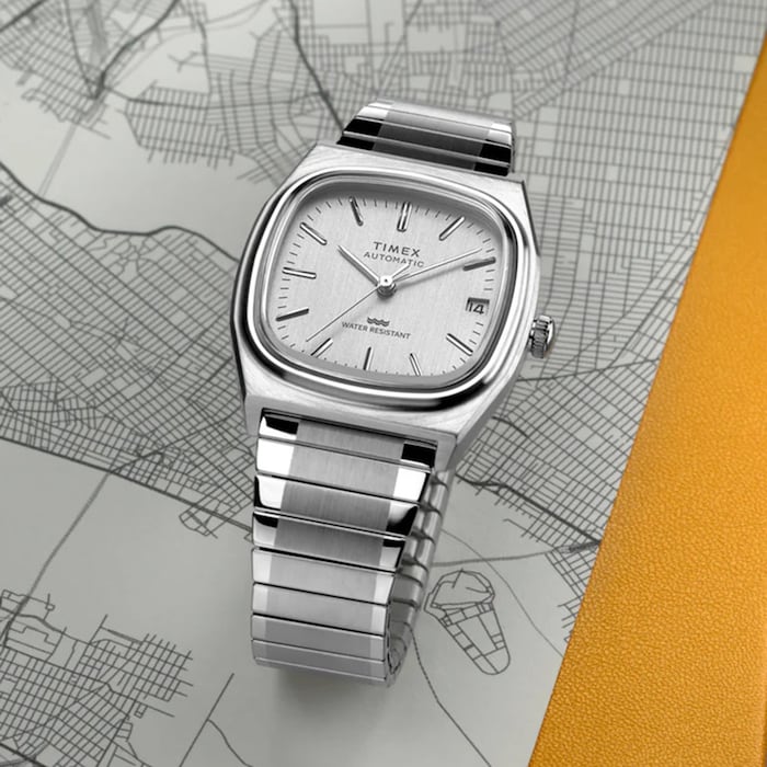 Timex Automatic 1983 E Line Reissue 34mm Mens Watch Silver