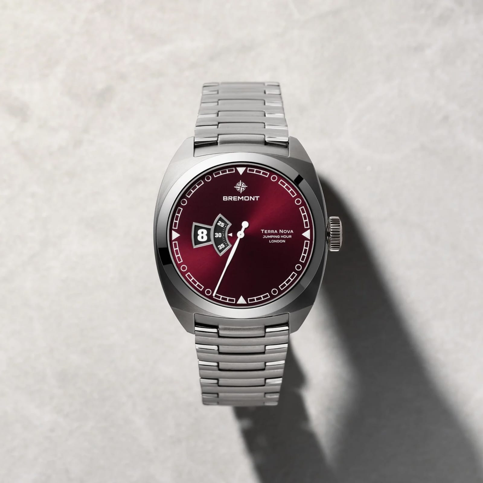 Bremont Terra Nova Jumping Hour 40.5mm Unisex Watch Burgundy Dial Stainless Steel Bracelet Bremont Terra Nova Jumping Hour 40.5mm Unisex Watch Burgundy Dial Stainless Steel Bracelet