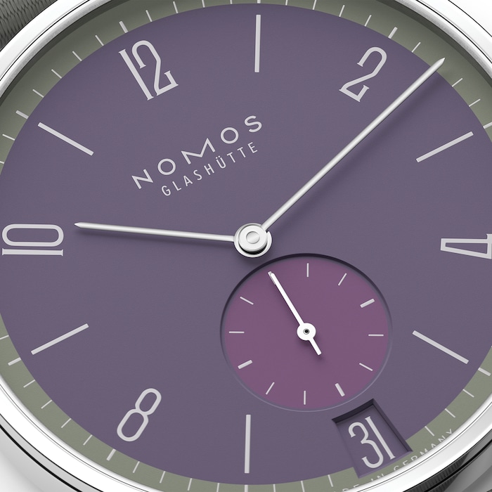 NOMOS Glashutte Tangente 38 Date Mauvengruen - 175 Years Watchmaking Glashutte