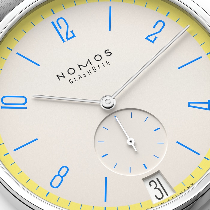 NOMOS Glashutte Tangente 38 Date Lemonbiscuit - 175 Years Watchmaking Glashutte