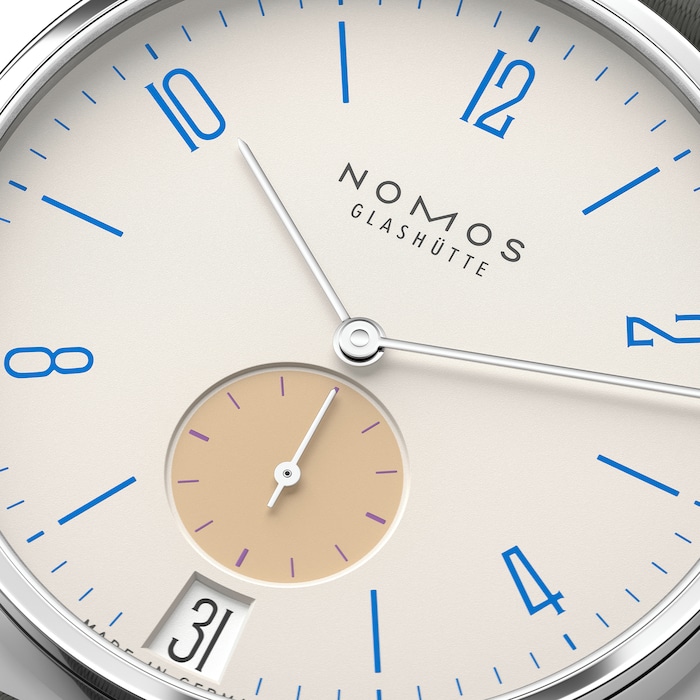 NOMOS Glashutte Tangente 38 Date Schulhausweiss - 175 Years Watchmaking Glashutte