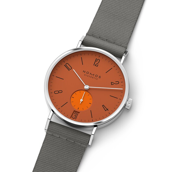 NOMOS Glashutte Tangente 38 Date Pop Orange - 175 Years Watchmaking Glashutte