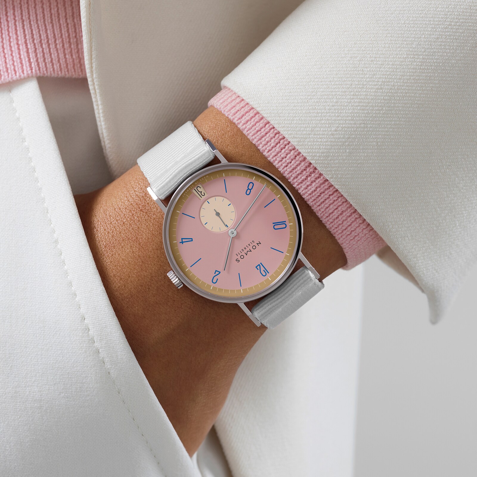 NOMOS Glashutte Tangente 38 Date Pompadour - 175 Years Watchmaking Glashutte NOMOS Glashutte Tangente 38 Date Pompadour - 175 Years Watchmaking Glashutte