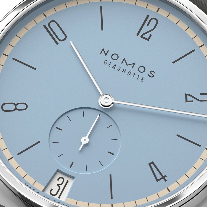 NOMOS Glashutte Tangente 38 Date Frostblau - 175 Years Watchmaking Glashutte