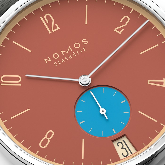 NOMOS Glashutte Tangente 38 Date Ziegelblau - 175 Years Watchmaking Glashutte
