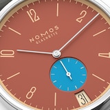 NOMOS Glashutte Tangente 38 Date Ziegelblau - 175 Years Watchmaking Glashutte