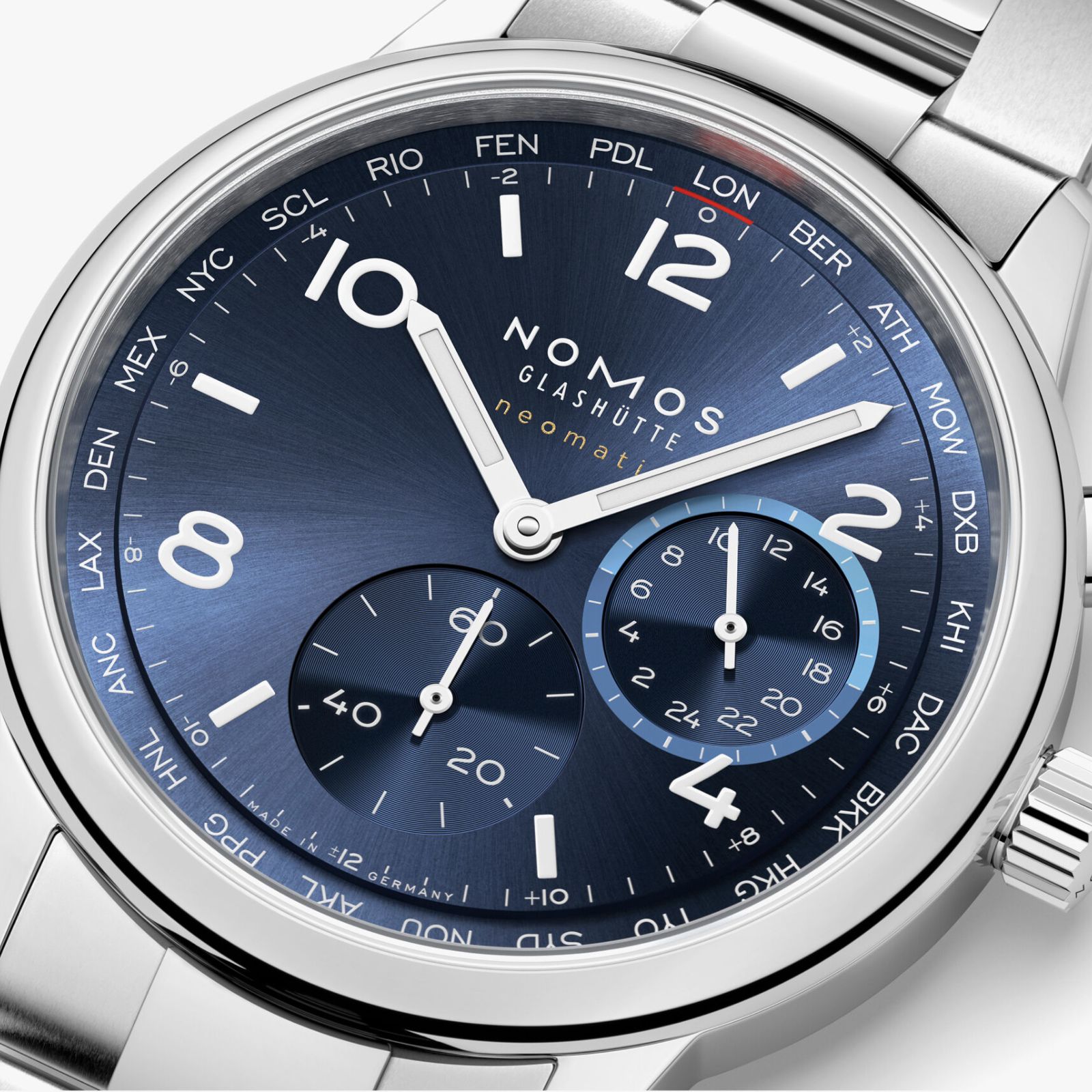 NOMOS Glashutte Club Sport Neomatik Worldtimer 40mm Mens Watch Blue