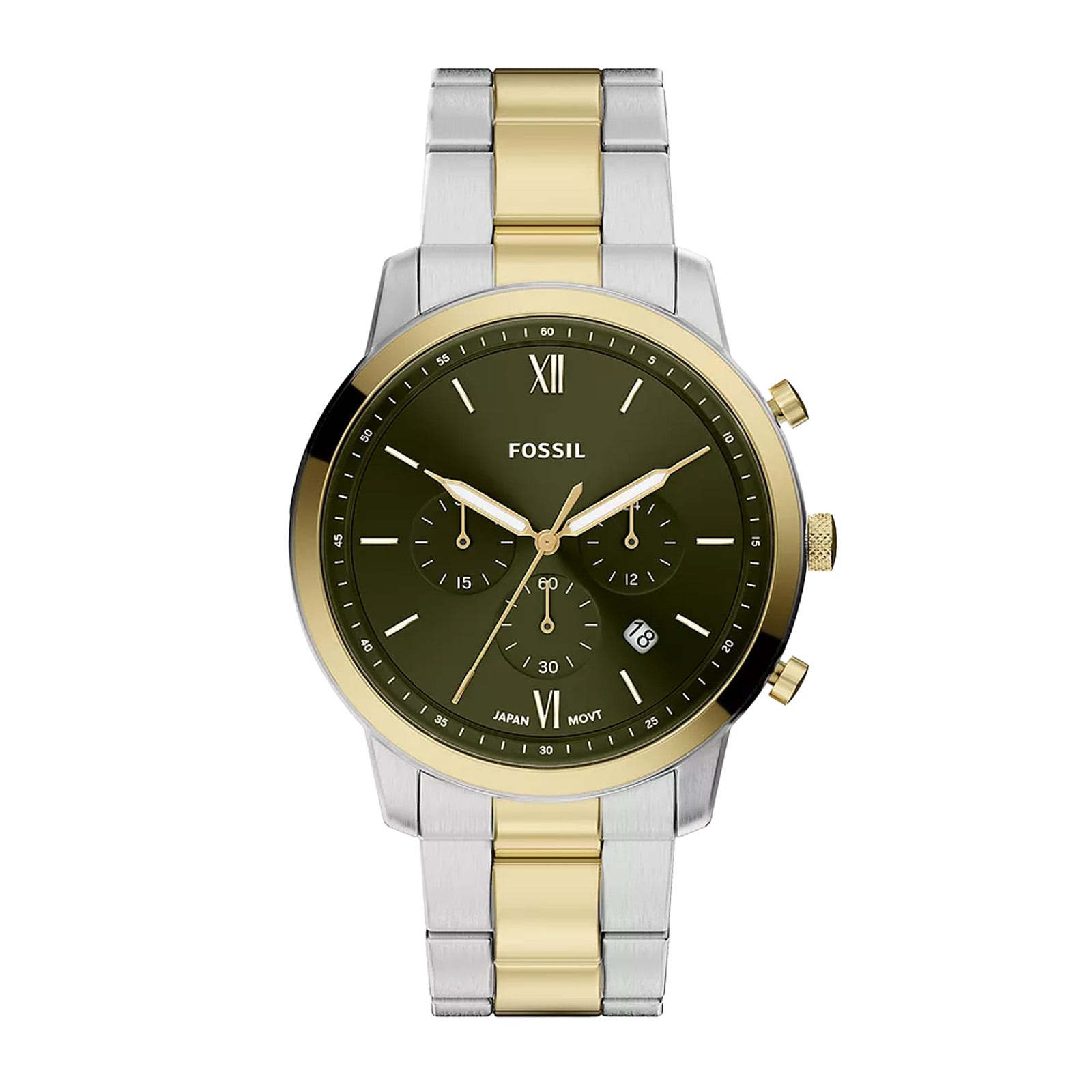 Fossil Mens Neutra Chronograph Green Dial Two Tone Bracelet Watch FS6189