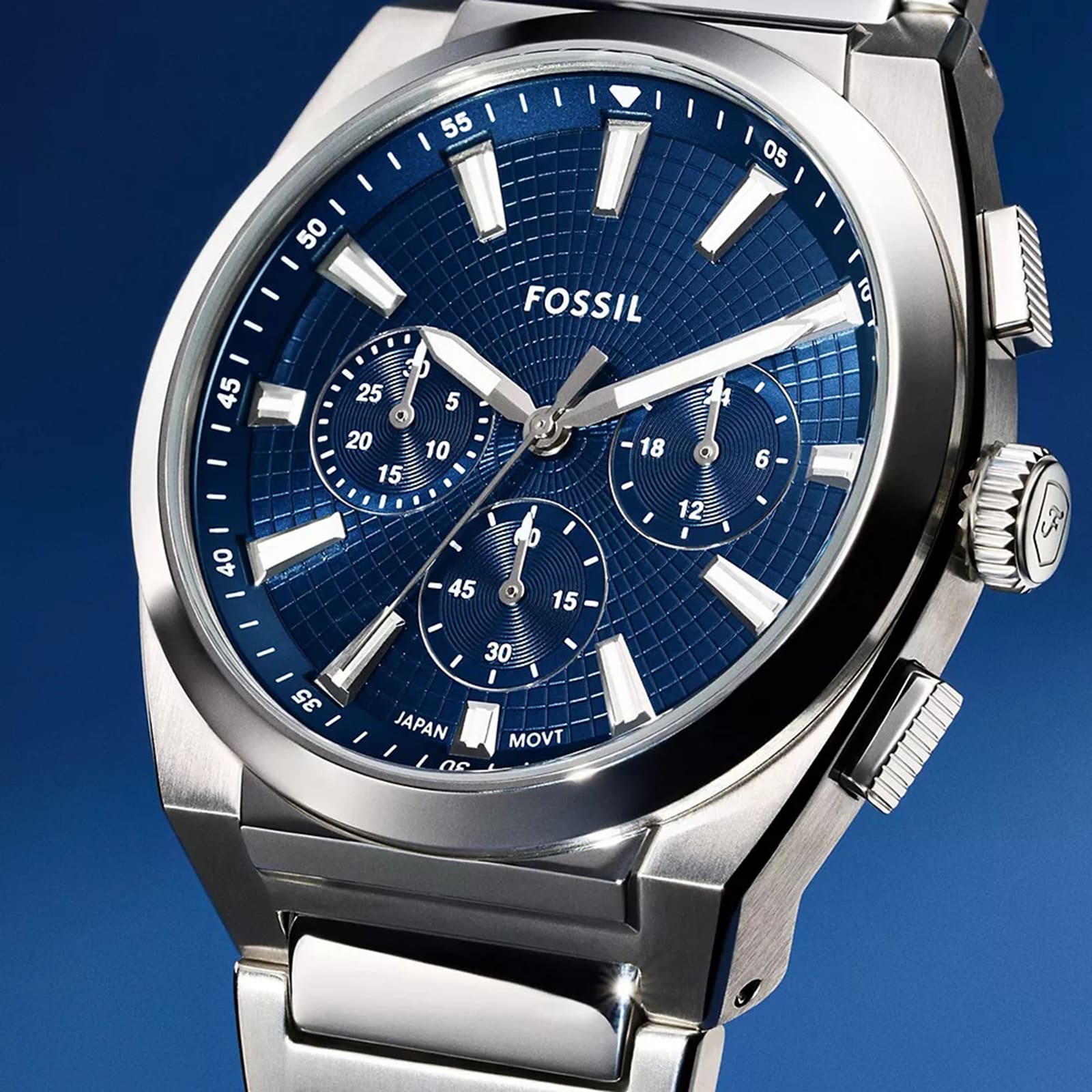 Fossil Everett Stainless Steel Blue Chronograph Mens Watch Fossil Everett Stainless Steel Blue Chronograph Mens Watch