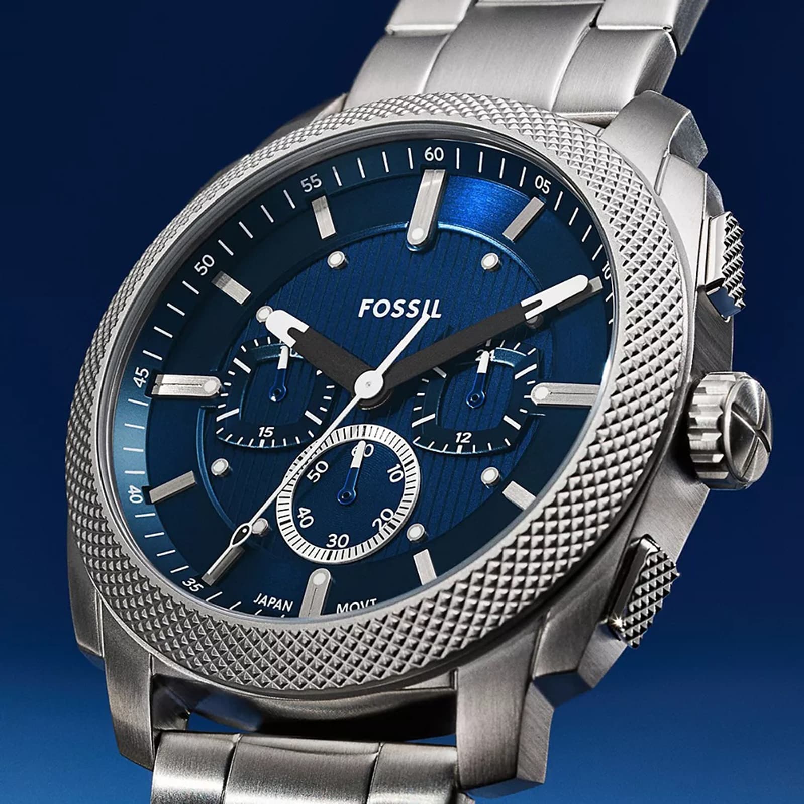 Fossil Machine Stainless Steel Blue Chronograph Mens Watch Fossil Machine Stainless Steel Blue Chronograph Mens Watch