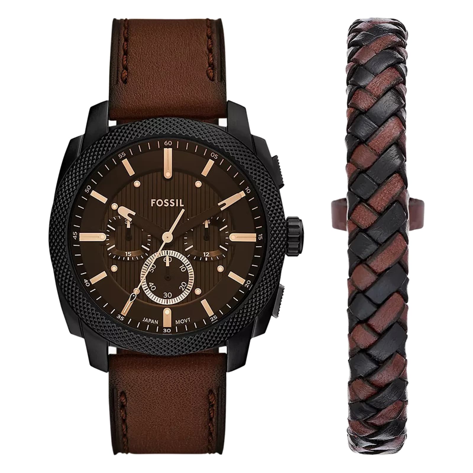 Fossil Machine Brown Leather Watch & Bracelet Set