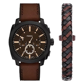 Fossil Machine Brown Leather Watch & Bracelet Set