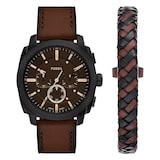 Fossil Machine Brown Leather Watch & Bracelet Set