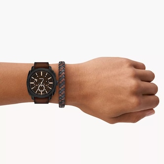 Fossil Machine Brown Leather Watch & Bracelet Set