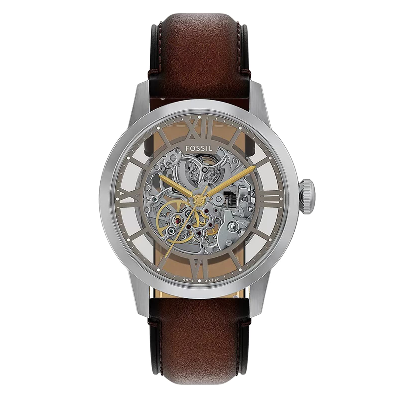 Fossil Townsman Automatic Brown Leather Skeleton Dial Mens Watch
