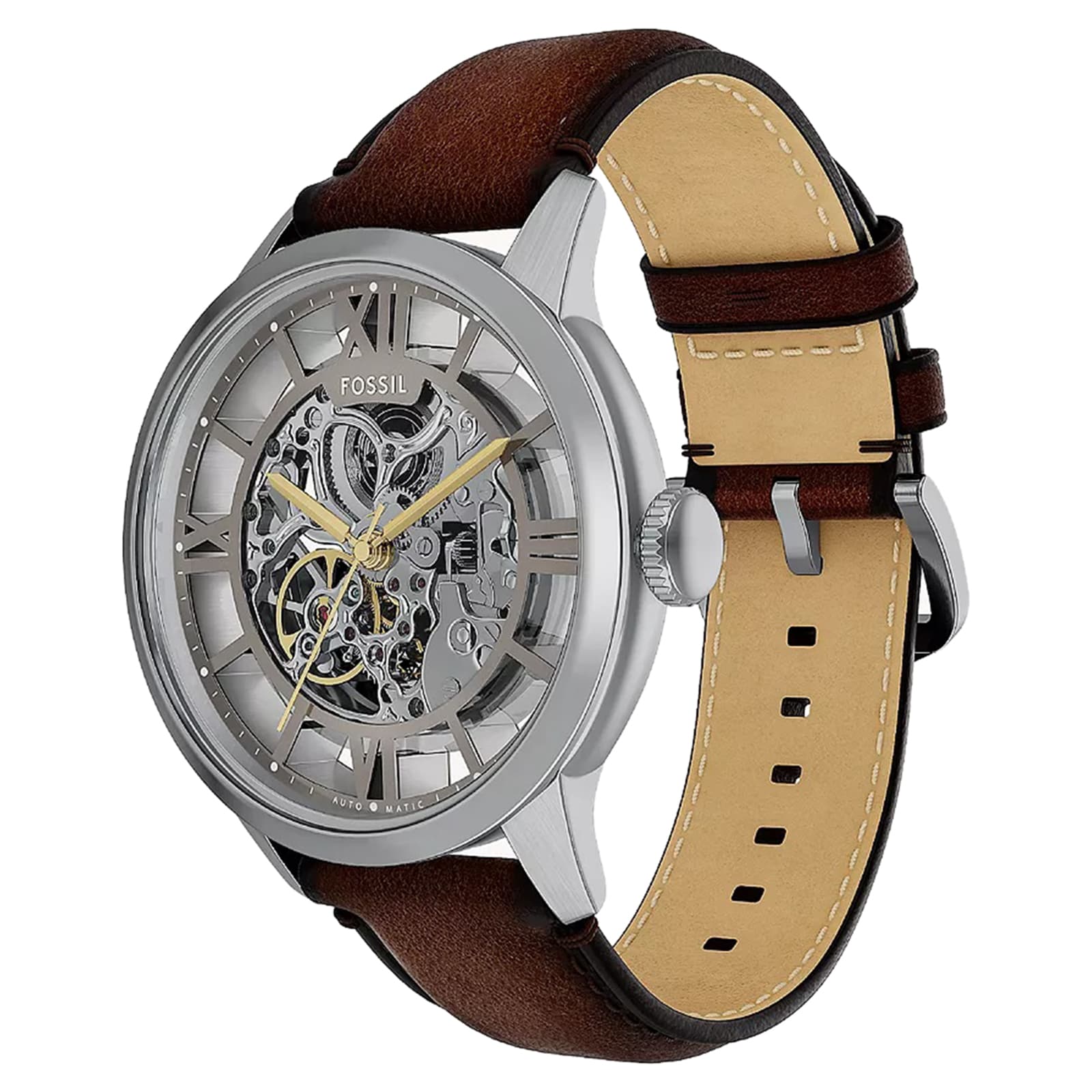 Fossil Townsman Automatic Brown Leather Skeleton Dial Mens Watch