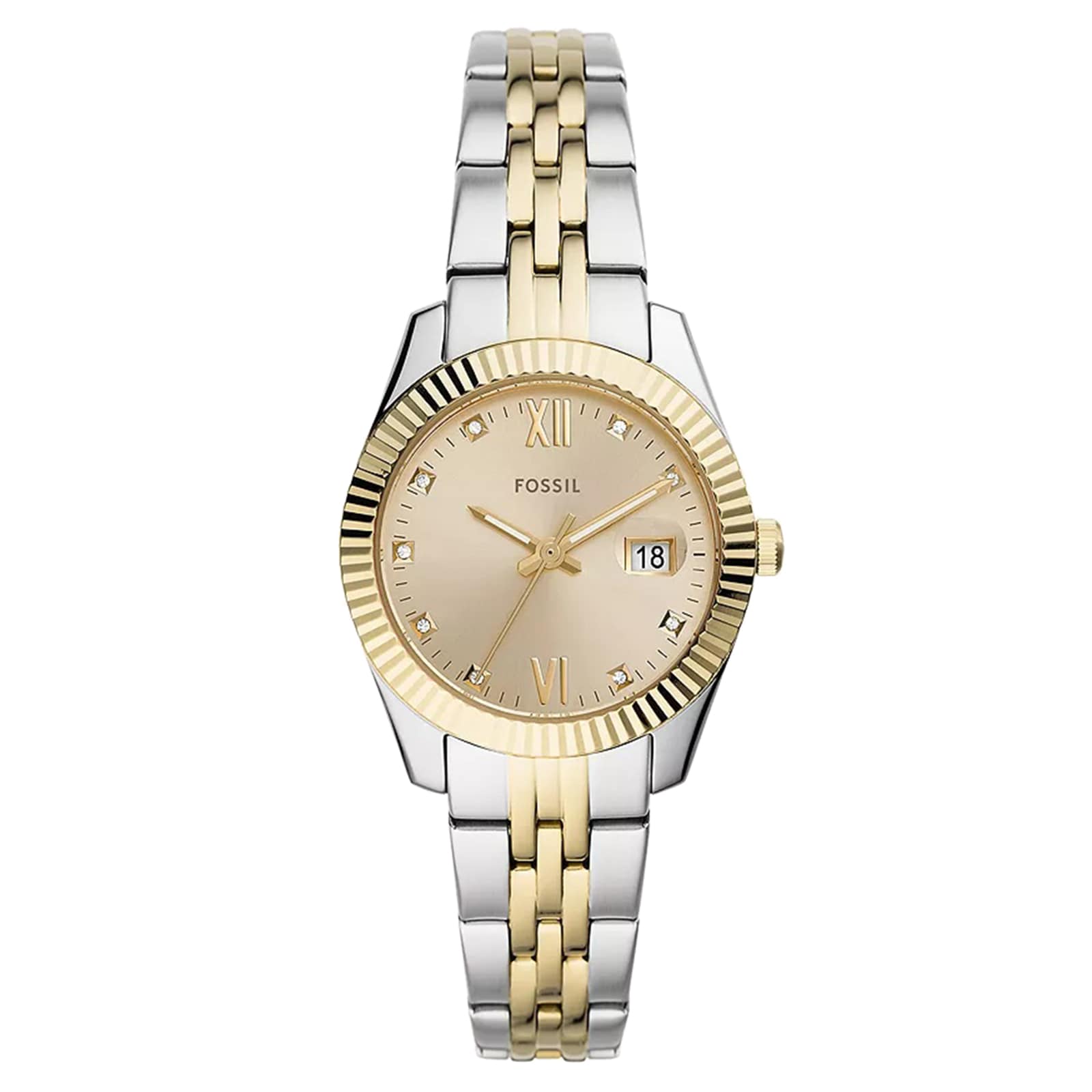 Fossil Scarlette Mini Three-Hand Date Two-Tone Gold Dial Ladies Watch