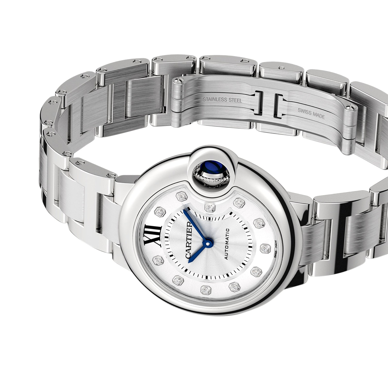 Ballon Bleu De Cartier Watch 33mm Automatic Movement Steel Diamonds