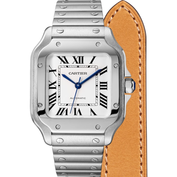 Cartier Santos De Cartier Watch Medium Model, Automatic Movement, Steel, Interchangeable Metal And Leather Bracelets