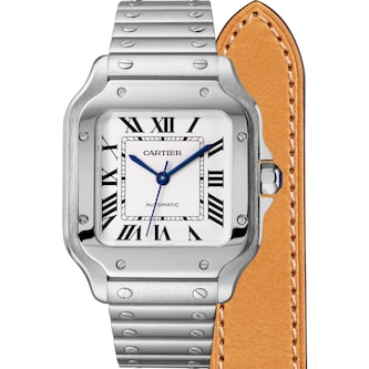 Cartier Santos De Cartier Watch Medium Model, Automatic Movement, Steel, Interchangeable Metal And Leather Bracelets