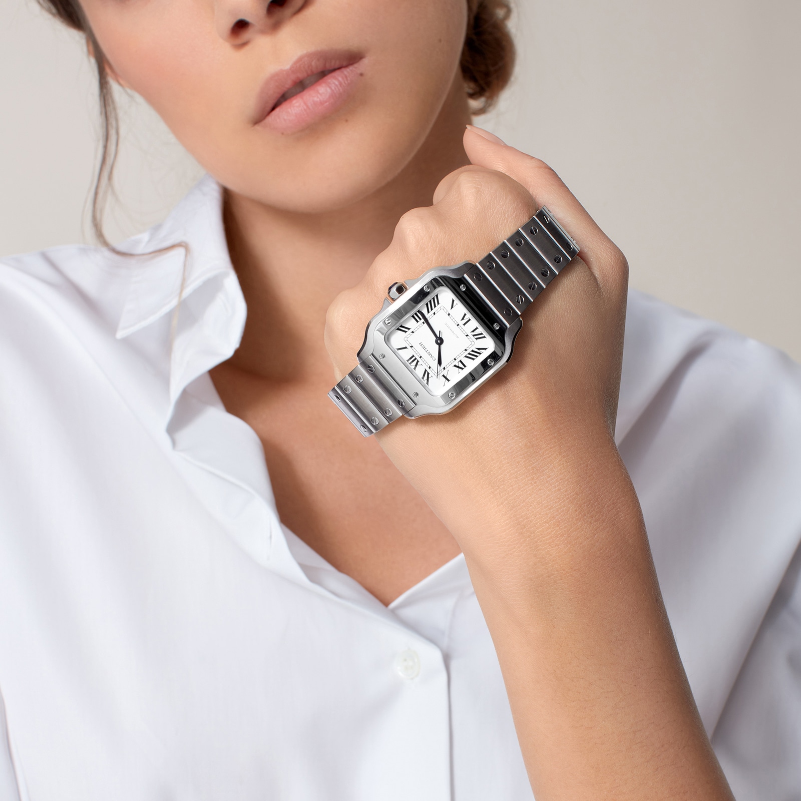 Cartier Santos De Cartier Watch Medium Model, Automatic Movement, Steel, Interchangeable Metal And Leather Bracelets Cartier Santos De Cartier Watch Medium Model, Automatic Movement, Steel, Interchangeable Metal And Leather Bracelets