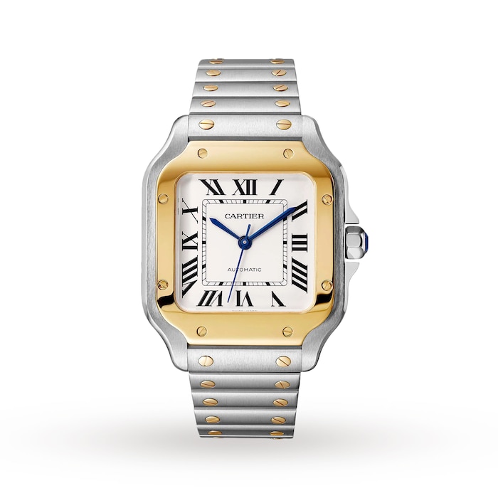 Cartier Santos De Cartier Watch Medium Model, Automatic Movement, Yellow Gold, Steel, Interchangeable Metal And Leather Bracelets